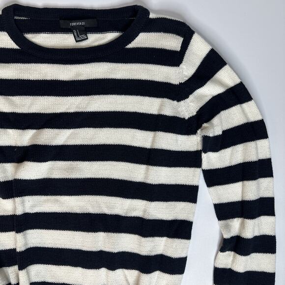 Forever 21 Women Sweater sz M Black White Stripe Pullover Long Sleeve Tight Knit - Picture 4 of 6